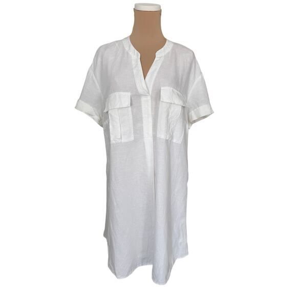 H&M Linen Blend White Shirt Dress Women’s 10 Short Sleeve V-Neck Tunic Summer - Picture 1 of 3